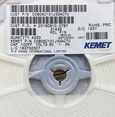 C0805C101J5GACTU 100pF 50V C0G/NP0 0805 세라믹 콘덴시터 ±5% 관용 고주파 안정성 초저 ESR 고Q 값 및 정밀 회로용 테이프 및 스릴 포장