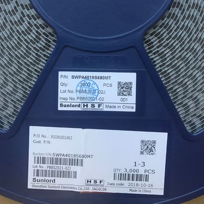 SWPA4018S680MT 68μH 전력 인덕터, 20% 공차, 4018 크기, 1.24A 포화 전류, 1.15A 온도 상승 전류, 실드 구조, -40°C ~ 125°C 범위, RoHS 준수, 테이프 & 릴 포장