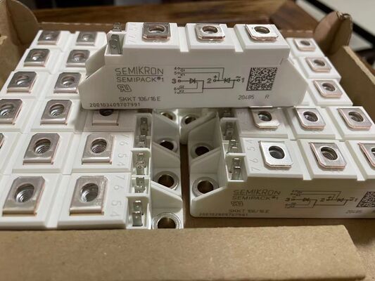 SKKT106/16E 1600V 106A 듀얼 티리스터 모듈 낮은 VF 1.35V 2.4kA 급증 AlN 세라믹 기본 압력 접촉자 SEMIPACK1 격리 UL 인증 소프트 스타터 및 드라이브
