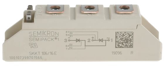 SKKT106/16E 1600V 106A 듀얼 티리스터 모듈 낮은 VF 1.35V 2.4kA 급증 AlN 세라믹 기본 압력 접촉자 SEMIPACK1 격리 UL 인증 소프트 스타터 및 드라이브