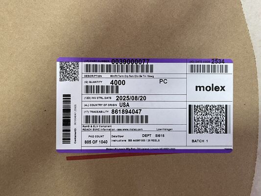 0039000077 2.36mm 직경 주석 도금 황동 스페이드 터미널 압착 단자 비절연 16-14 AWG 600V 정격 20A 전류 릴 포장 자동차 및 산업 배선용